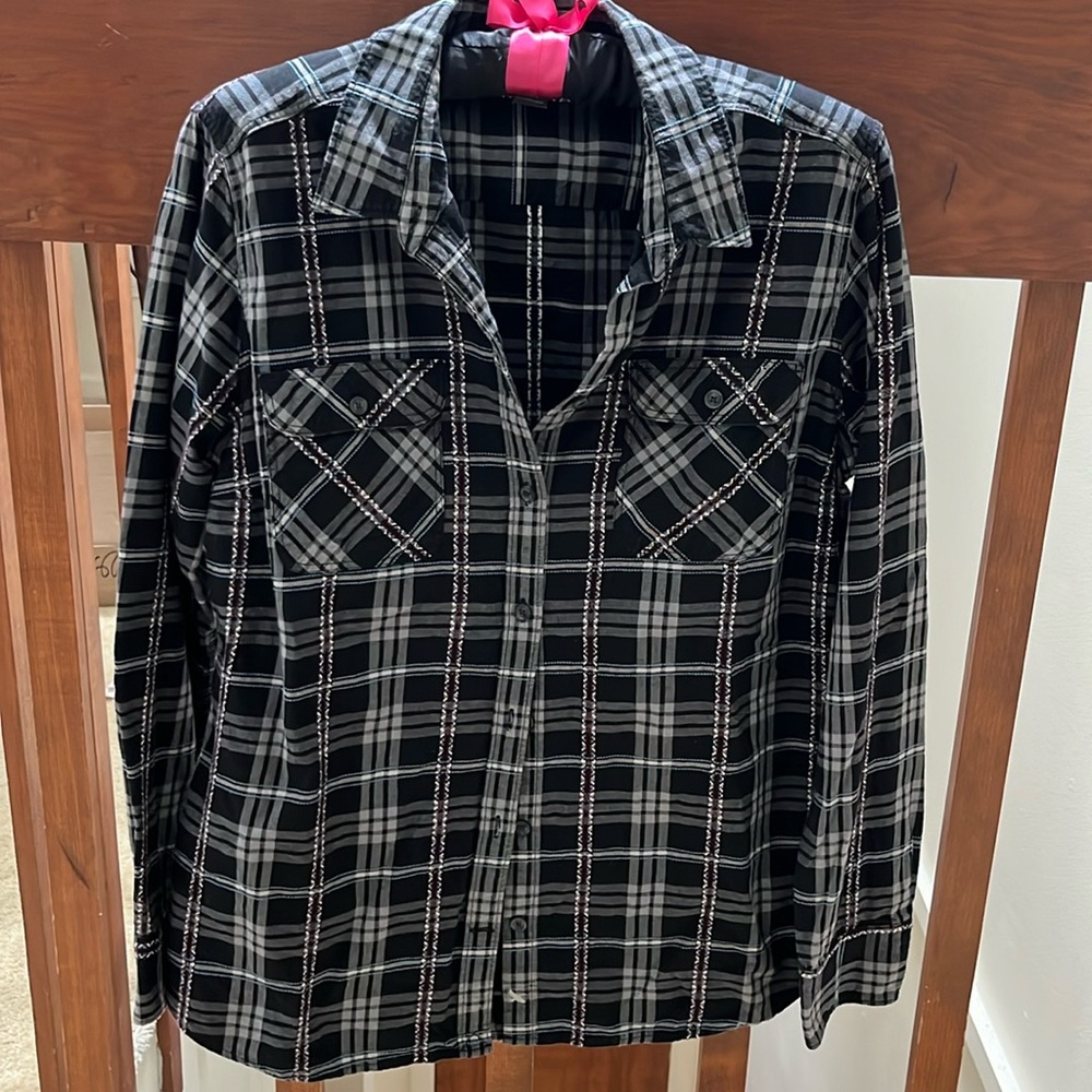 Eddie Bauer cotton plaid button down shirt.